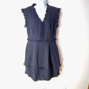 Rebecca Taylor Tweed Dress Black Sleeveless Fringe Knee Length V-neck